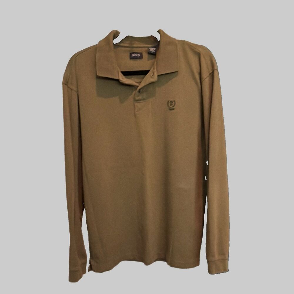 IZOD Men's Solid Green Cotton Knit Long Sleeve Polo Shirt Logo Size L
